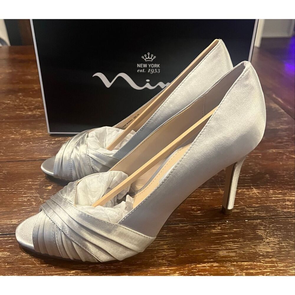 NINA RHIYANA-Womens Silver Satin Peep Toe High-Heel Classic Pump -6 - Picture 3 of 7